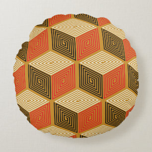Cojín Redondo Patrón de cubo de vintage de oro rojo