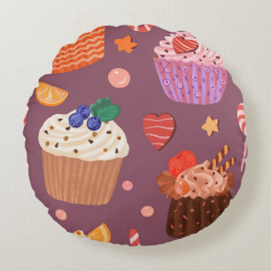 Cojín Redondo Patrón de Cupcakes Dulces y Delicias de Postres