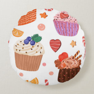 Cojín Redondo Patrón de Cupcakes Dulces y Delicias de Postres