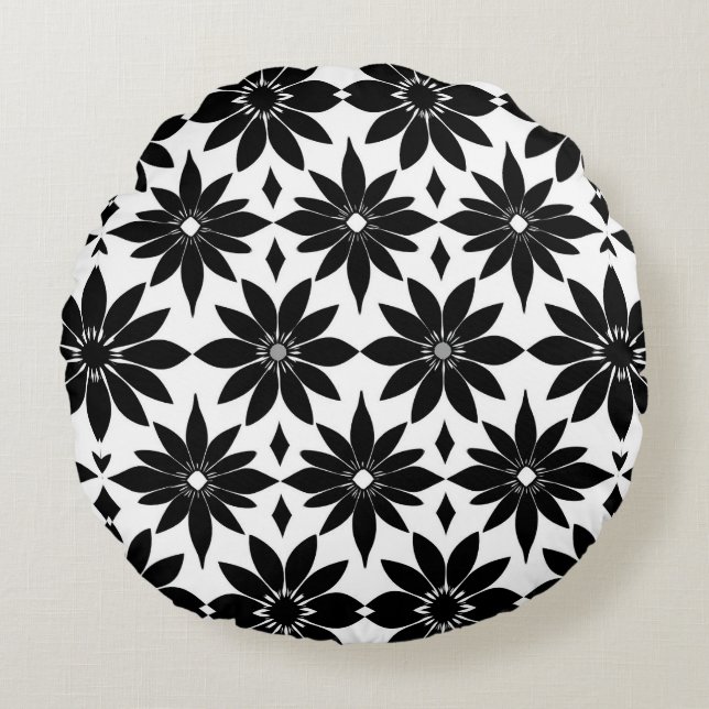 Cojín Redondo Patrón de Damasco blanco y negro (Anverso)