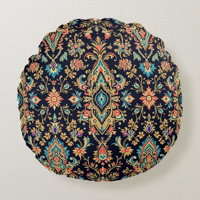 Cojín Redondo Patrón de Damasco Ornate de Lujo con motivos flora (Anverso)