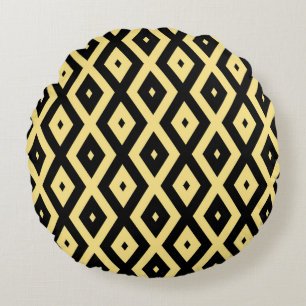 Cojín Redondo Patrón de diamante amarillo limón y negro