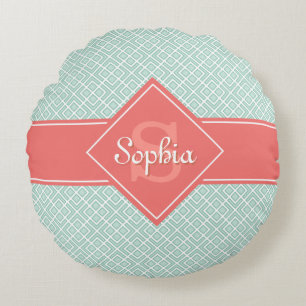 Cojín Redondo Patrón de diamante de coral monogramado y de menta