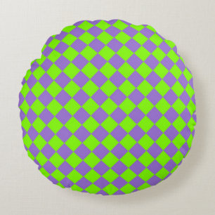 Cojín Redondo Patrón de diamante de cuadros verde púrpura