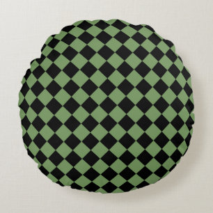 Cojín Redondo Patrón de diamante de cuadros verde y negro