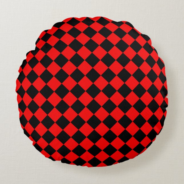 Cojín Redondo Patrón de diamante negro rojo (Anverso)