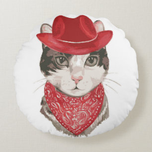 Cojín Redondo Patrón de dibujo de vintageel del gato con un anim