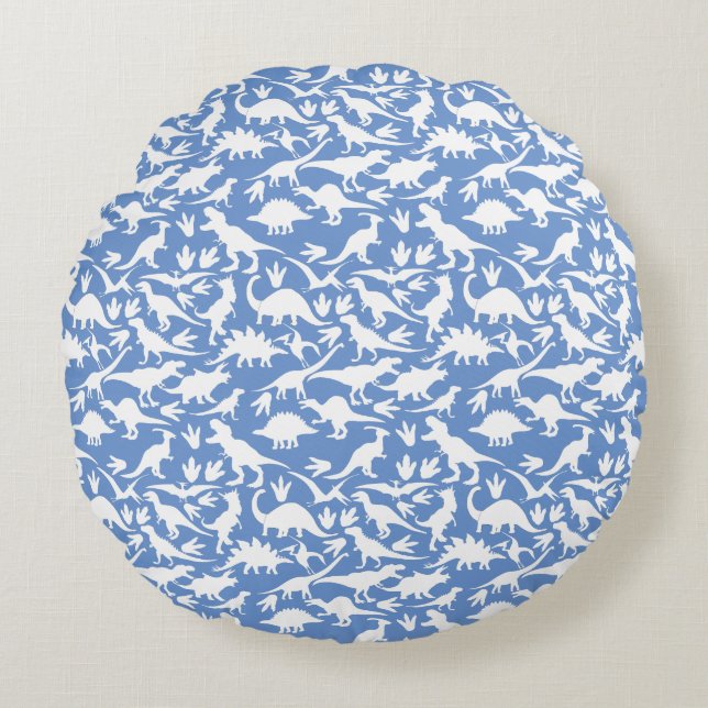 Cojín Redondo Patrón de dinosaurios 01 w. LBlue BG (Anverso)