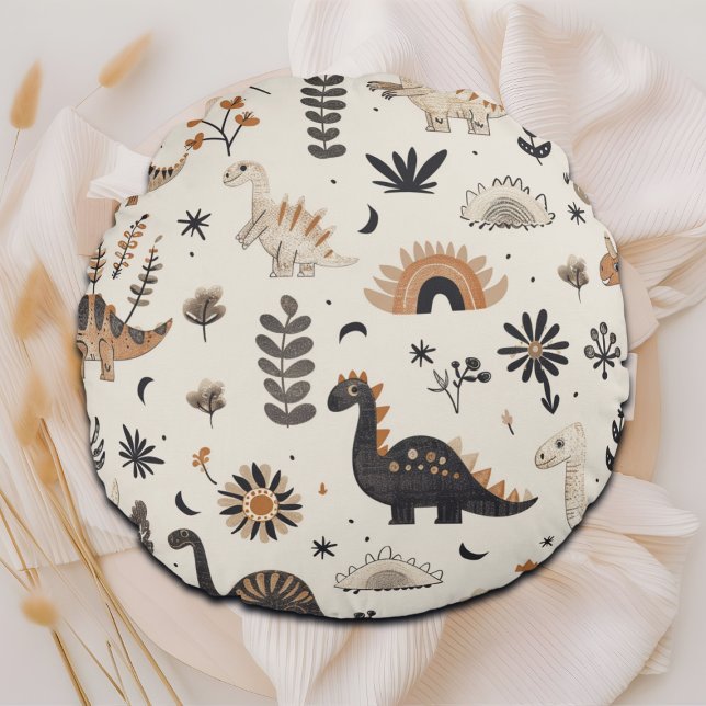 Cojín Redondo Patrón de dinosaurios de la jungla de Boho (Subido por el creador)