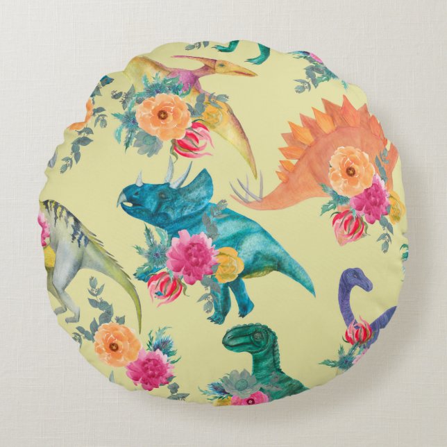 Cojín Redondo Patrón de dinosaurios de pintura acuarela. Barba s (Anverso)