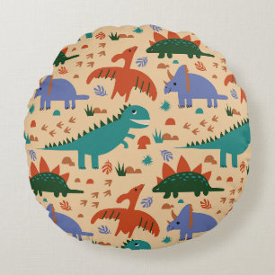 Cojín Redondo Patrón de dinosaurios prehistóricos e impresiones