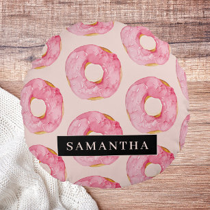 Cojín Redondo Patrón de Donuts de color rosa moderno con nombre