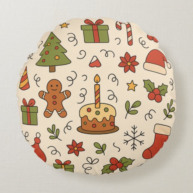 Cojín Redondo Patrón de Doodle Navideño Alegre (Anverso)