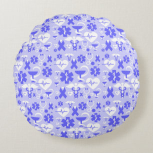 Cojín Redondo patrón de elemento de farmacia blanco azul