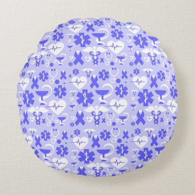 Cojín Redondo patrón de elemento de farmacia blanco azul (Anverso)