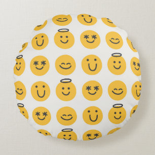 Cojín Redondo Patrón de Emoji feliz dibujado a mano