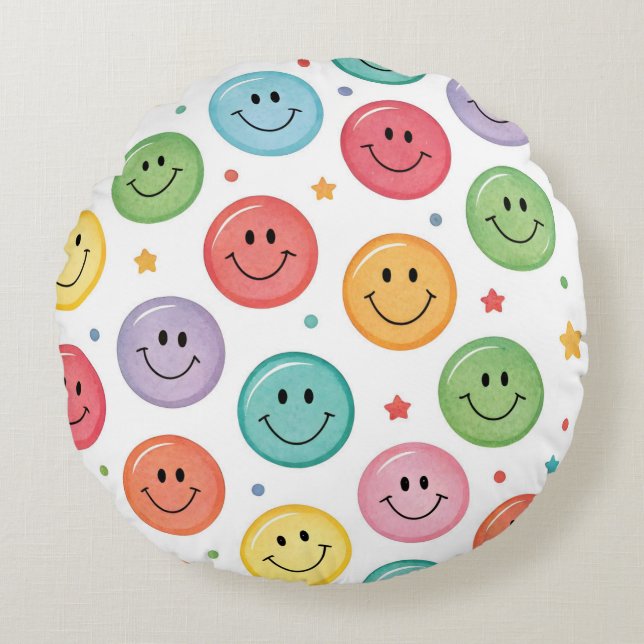 Cojín Redondo Patrón de Emoji Sonriente (Anverso)