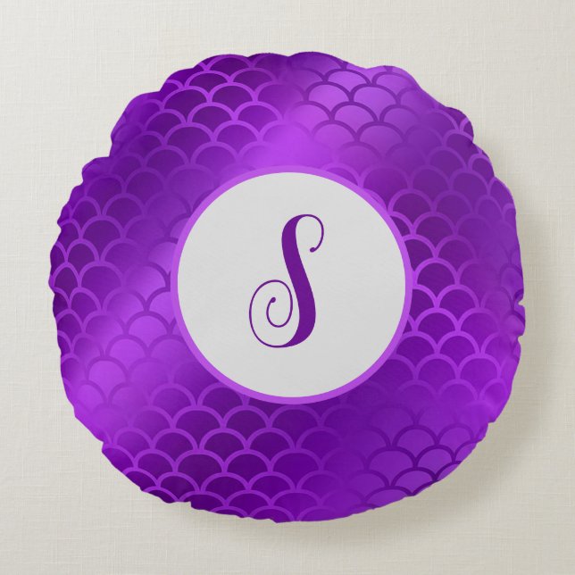 Cojín Redondo patrón de escalas de sirena púrpura inicial person (Anverso)