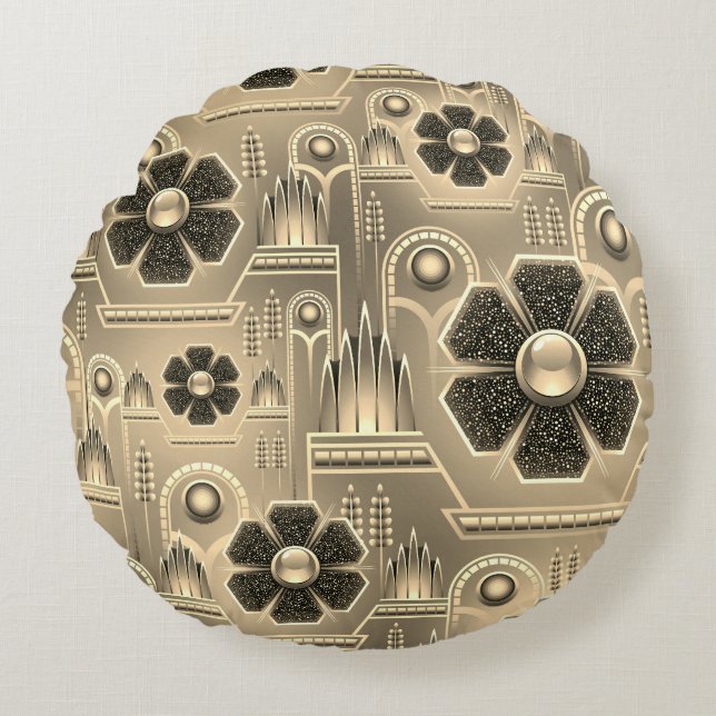 Cojín Redondo Patrón de flor Art Deco oro floral geométrico (Anverso)