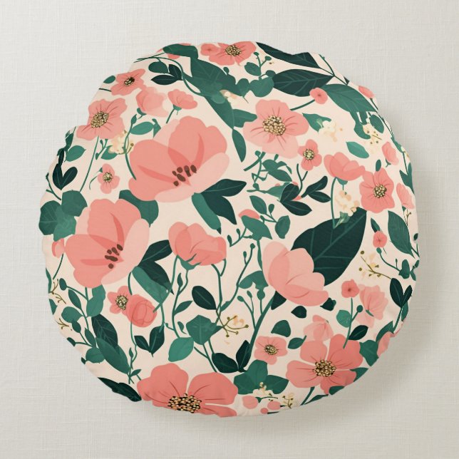 Cojín Redondo Patrón de Flor Peachy-Keen (Anverso)