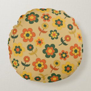 Cojín Redondo Patrón de flor retro vintage naranja 70s