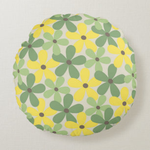 Cojín Redondo Patrón de flor retro Y2K 70s verde amarillo