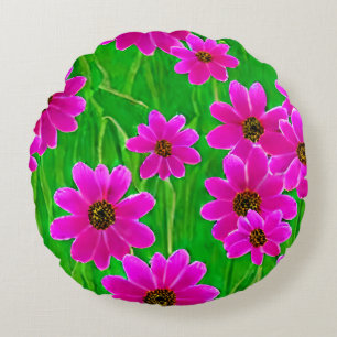 Cojín Redondo Patrón de flor verde y rosa brillante