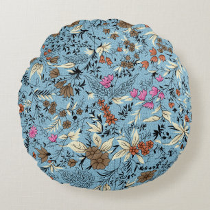 Cojín Redondo Patrón de flor vintage, fondo azul.