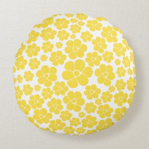 Cojín Redondo Patrón de flores - Amarillo limón y blanco