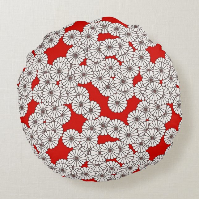 Cojín Redondo Patrón de flores Art Deco - blanco sobre rojo (Reverso)