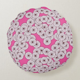 Cojín Redondo Patrón de flores Art Deco - blanco sobre rosa