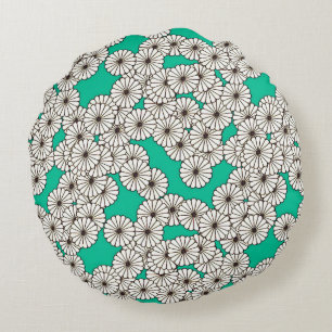 Cojín Redondo Patrón de flores Art Decó - blanco sobre turquesa