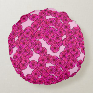 Cojín Redondo Patrón de flores Art Deco - magenta sobre rosa