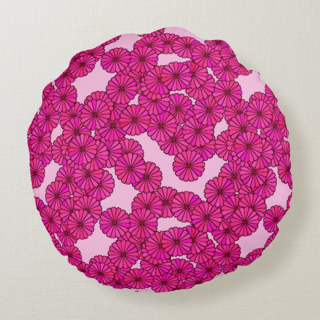 Cojín Redondo Patrón de flores Art Deco - magenta sobre rosa (Reverso)