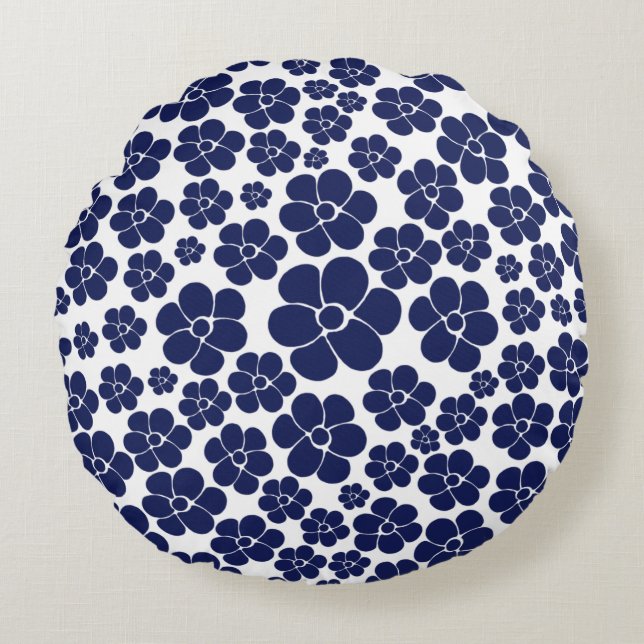 Cojín Redondo Patrón de flores - Azul y blanco (Anverso)