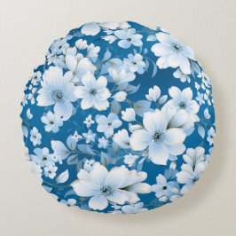 Cojín Redondo patrón de flores blancas, fondo azul,