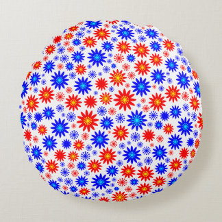 Cojín Redondo Patrón de flores - Blues con rojo, amarillo y blan
