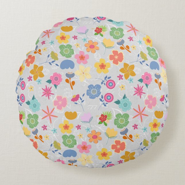 Cojín Redondo Patrón de flores boho B01.w LGrey BG (Anverso)