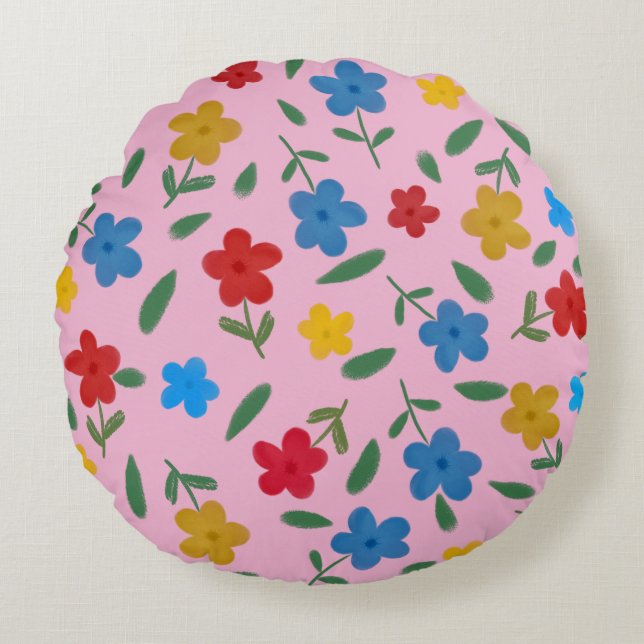 COJÍN REDONDO PATRÓN DE FLORES COLORIDOS ELEGANTES (Anverso)