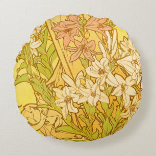 Cojín Redondo Patrón de flores de lirio de Alphonse Mucha: Art N