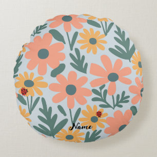 Cojín Redondo patrón de flores de margarita pinchada de polka pu