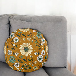 Cojín Redondo Patrón de flores de mostaza de Boho retro otoño