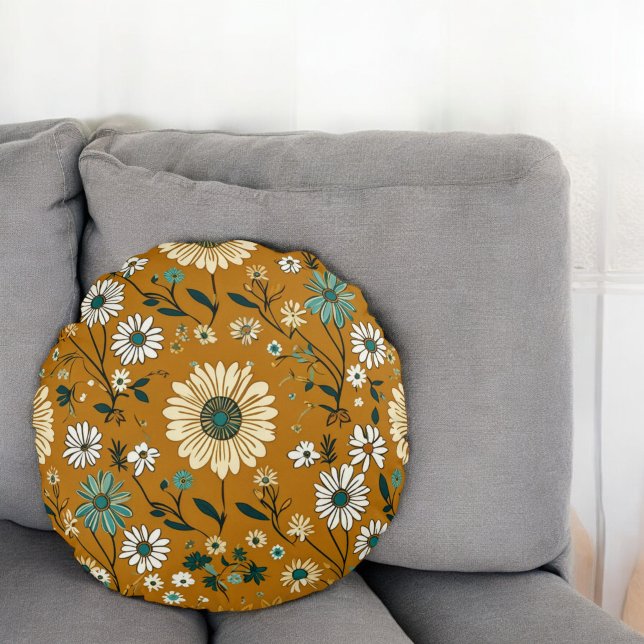 Cojín Redondo Patrón de flores de mostaza de Boho retro otoño (Subido por el creador)