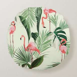 Cojín Redondo Patrón de flores exóticas Flamingo rosa