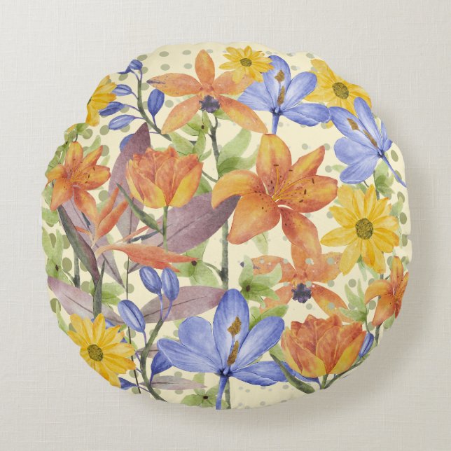 Cojín Redondo PATRÓN DE FLORES naranja (Anverso)