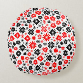 Cojín Redondo Patrón de flores - Negro con rojo y blanco