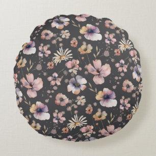 Cojín Redondo Patrón de flores silvestres de acuarela boho malhu