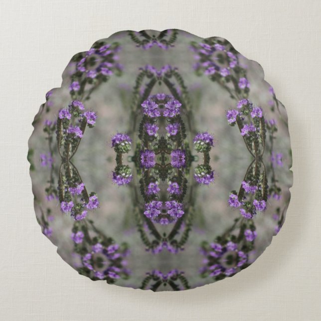 Cojín Redondo Patrón de flores silvestres de salina púrpura (Anverso)