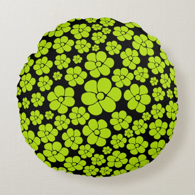 Cojín Redondo Patrón de flores - Verde animado (Anverso)