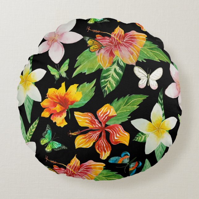 Cojín Redondo Patrón de flores y mariposas tropicales (Anverso)